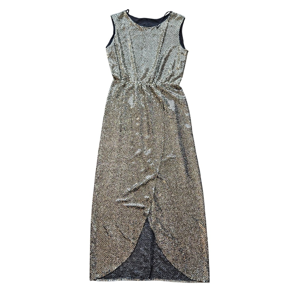 Gold Dot Sequin Maxi Dress Sleeveless Tulip Hem Elastic Waist Glam Costume